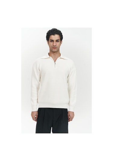 Oberon Polo Yaka Yarım Fermuarlı Ekru Erkek Triko Kazak Ekru