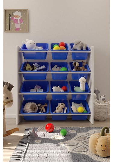 12 Sepetli Çok Amaçlı Oyuncak Dolabı Montessori Dolap Mavi