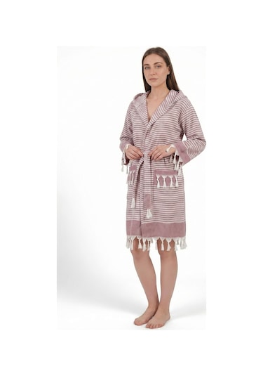 Kapşonlu Unisex Peştemal Plaj Bornozu %100 Pamuklu Seaside Stripe Bordo
