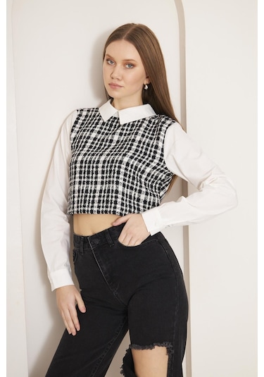 Darlin Moda Siyah Tweed Gömlek Yaka Crop Bluz Dm9002 Siyah