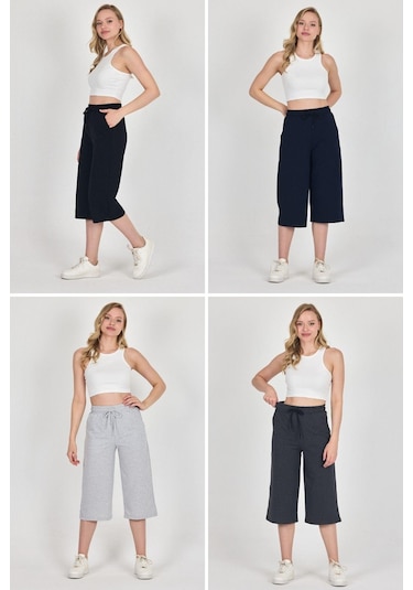 Yüksek Bel Cepli Rahat Kesim Mevsimlik Kadın Diz Altı 4'lü Bermuda Siyah-lacivert-gri-antrasit Kapri Şort Mtlcb111 - 4 Çok Renkli