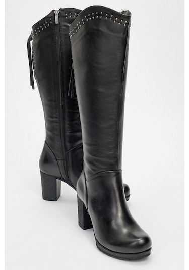 Kadın Yüksek Topuklu Fermuarlı Çizme Gerçek Deri Br 08012 Siyah Null Siyah