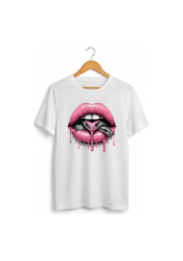 Kadın Beyaz Siyah Yılan Detaylı Dudak Baskılı Regular T-shirt Beyaz