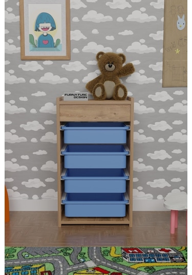 4 Sepetli Çok Amaçlı Dolap Atlantik Çam - Mavi Kahverengi