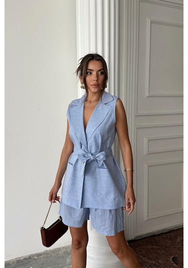 Sensuelle Keten Yelek - Şort Takım - Mavi Mavi
