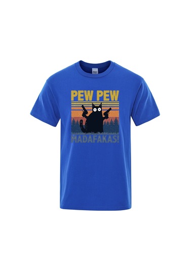 Teekossc Pew Pew Madafakas Erkek Kısa Kollu Komik Kedi T-shirt Vintage Yazlık Ekip Üstü Streetwear Chınaturuncu Turuncu