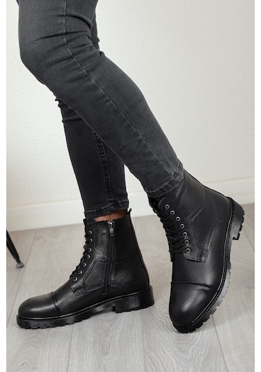 D402 Hakiki Deri Soğuk Geçirmez Kışlık Erkek Bot Kauçuk Taban Siyah