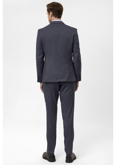 Lacivert Slim Fit Armürlü Sivri Yaka 6 Drop Klasik Takım Elbise-35496 Lacivert