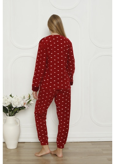 Fawn 3316 Peluş Welsoft Polar Kışlık Yumoş Kalpli Kadın Pijama Takımı Bordo