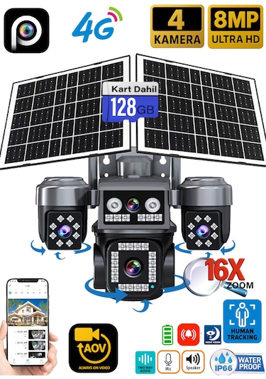 Ventus Z7plus 128gb 8mp 4 Kameralı 4g Çift Solar Panel 16x Zoom Dual Batarya Hieasy Aov Sürekli Kayıt Gece Görüş Çift Yönlü Ses Hieasy Türkçe