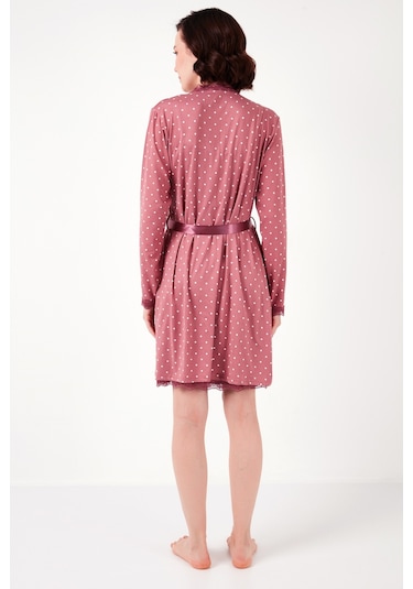 Lela Dantel Detaylı Yırtmaçlı Sabahlıklı Bayan Gecelik 6097580 Gül Kurusu