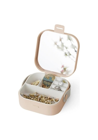 Taşınabilir Makyaj Takı Kutusu Mini Boy Aynalı Organizer Krem
