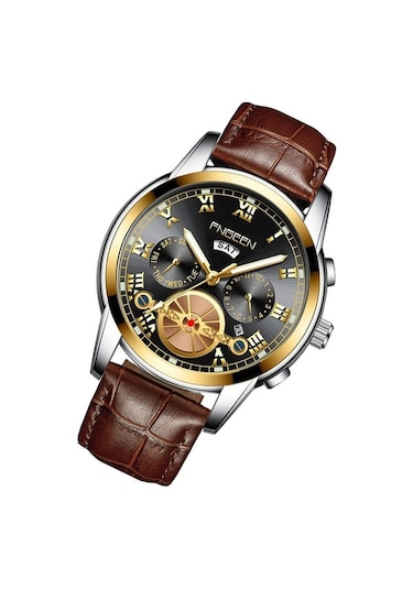 Novahub Fngeen 4001 Erkekler Kuvars Saat, Kahverengi Deri Altın Siyah Yüzey, Çok Renkli Fonksiyonlar Çok Renkli