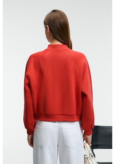 Grımelange Yasvell Kadın Metal Fermuarlı Çift Cepli Nakış Detaylı Balon Kollu Bomber Kırmızı Ceket Kırmızı