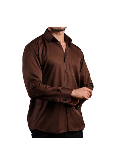 Kahverengi Büyük Beden Rahat Kesim Micro Kumaş Kol Düğmeli Regular Fit Erkek Gömlek - 190-11 001