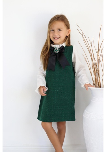 Kız Çocuk Vanessa Broş Detaylı Tüvit Zümrüt Uzun Kollu Elbise