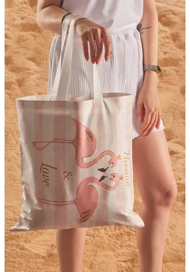 Passion Love Desen Baskılı Plaj Çantası Bej