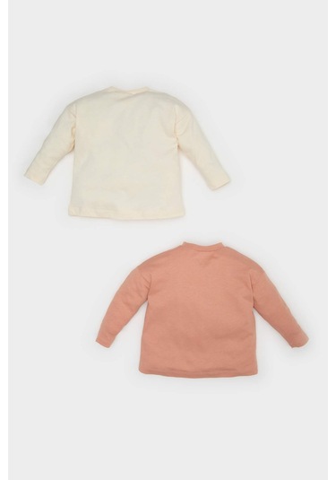 DeFacto Kız Bebek Yenidoğan Bisiklet Yaka Baskılı Penye 2'li Uzun Kollu Tişört E6362A525SPER233 Ekru
