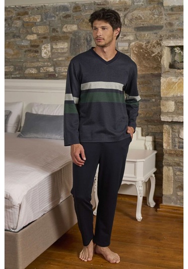 Cossy By Aqua 26401 Erkek Uzun Kollu V Yaka Pijama Takımı-indigomelanj İndigo