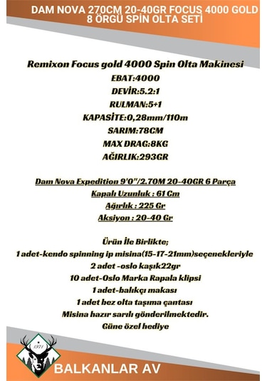 Dam Nova 270cm 20-40gr Focus 4000 Gold 8 Örgü Spin Olta Seti