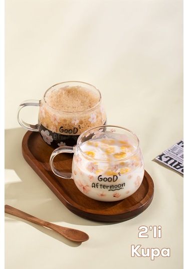 Porsima 2089-1 2li Borosilikat Isıya Ateşe Dayanıklı Cam Kulplu Çay Bardağı Kahve Bardak Kupa Pembe 400 Ml Şeffaf