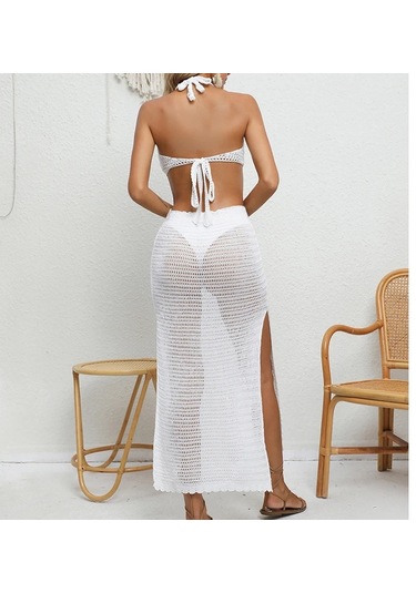 Bağlama İpli Derin V Yaka Örgü Boyundan Bağlamalı Tunik Uzun Plaj Elbisesi Siyah