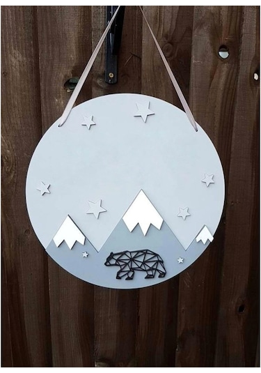 Hdrlazerdizayn Ahşap Dağ Ve Geometrik Kutup Ayısı Figürlü Kapı Ve Duvar Süsü Çok Renkli