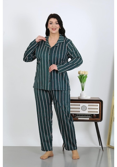 Akbeniz Kadın Büyük Beden Pamuklu Cepli Düğmeli Petrol Pijama Takım 202504 Petrol