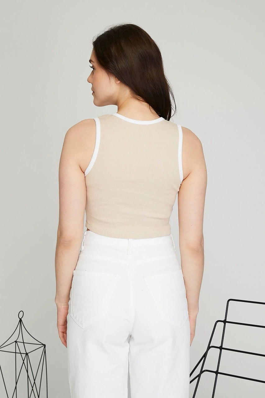 Kadın Deri Crop Ribana Kaşkorse Likralı Deri Garnili Baskılı Crop Büstiyer Deri Üzeri Baskılı Crop Bej