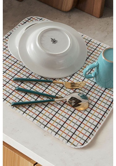 Bulaşık Kurutma Örtüsü, Bulaşıklık, Tezgah Üstü Bulaşık Matı, Süper Emici Mutfak Matı, Ekoseli Desen Çok Renkli