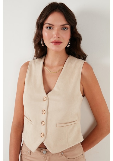 Lela Fitted Scuba Süet V Yaka Düğmeli Bayan Yelek 5865576 Taş