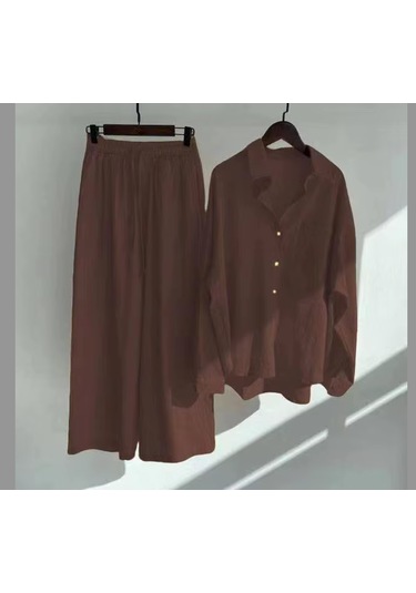 Pamuk-Keten Görünümlü Takım Acı Kahverengi