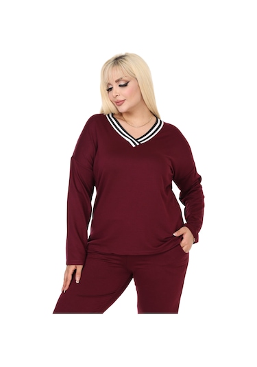 Melsay Butik Bordo V Yaka Yakası Şerit Detaylı Eşofman Takımı Bordo