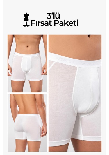 Weweus Beyaz 3'lü Micro Modal Premium Erkek Uzun Boxer 14193 Beyaz
