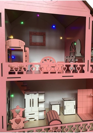 Ahşap Oyun Evi 100Cm 36 Eşya Pembe Led Işıklı