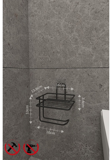 Alper Banyo Siyah Güçlü Yapışkanlı Yedek Raflı Tuvalet Kağıtlığı Tuvalet Kağıdı Askısı