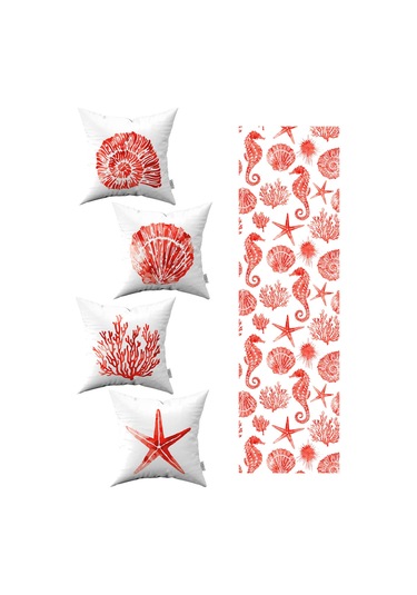 Kırmızı Beyaz Marin Desenli 4'lü Kırlent Kılıfı 1 Runner Seti 4kmbs298 Rs Kırmızı