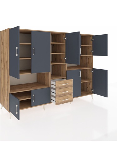 Kronos Dolap 13 Raflı 3 Çekmeceli 9 Kapaklı 220x59x163 Çam-antras Çam-antrasit/çam