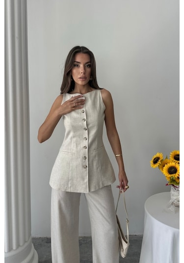 Sensuelle Keten Yelek - Pantolon Takım - Taş Altın