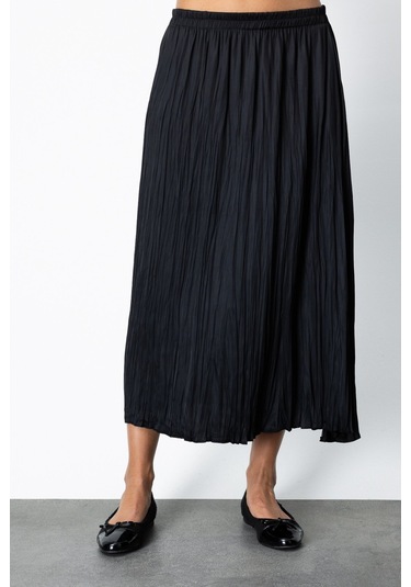 On Kadın Kırışık Görünümlü Midi Etek 64209 Siyah Siyah