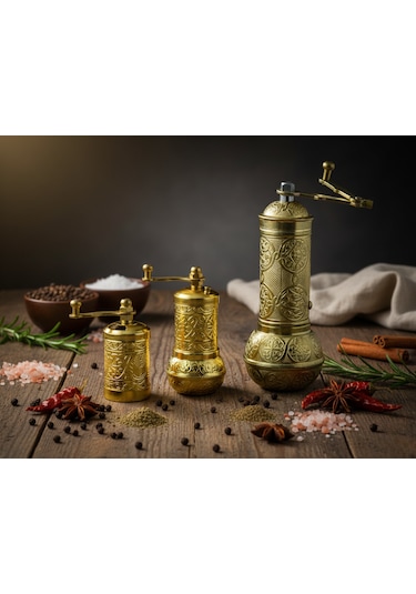 Ludıa Zamak Metal Altın Renk 3 Lü Set Karabiber,kahve,çörek Otu El Değirmeni Öğütücü Grinder Altın
