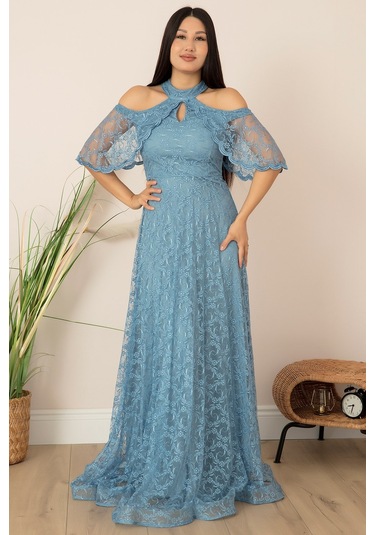 Kalopya Omuz Detay Uzun Dantel Abiye Elbise 13328-