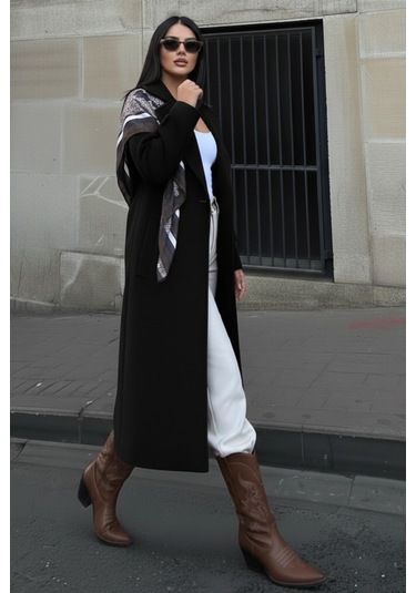 Kruvaze Kesim Kışlık Trençkot Palto Siyah