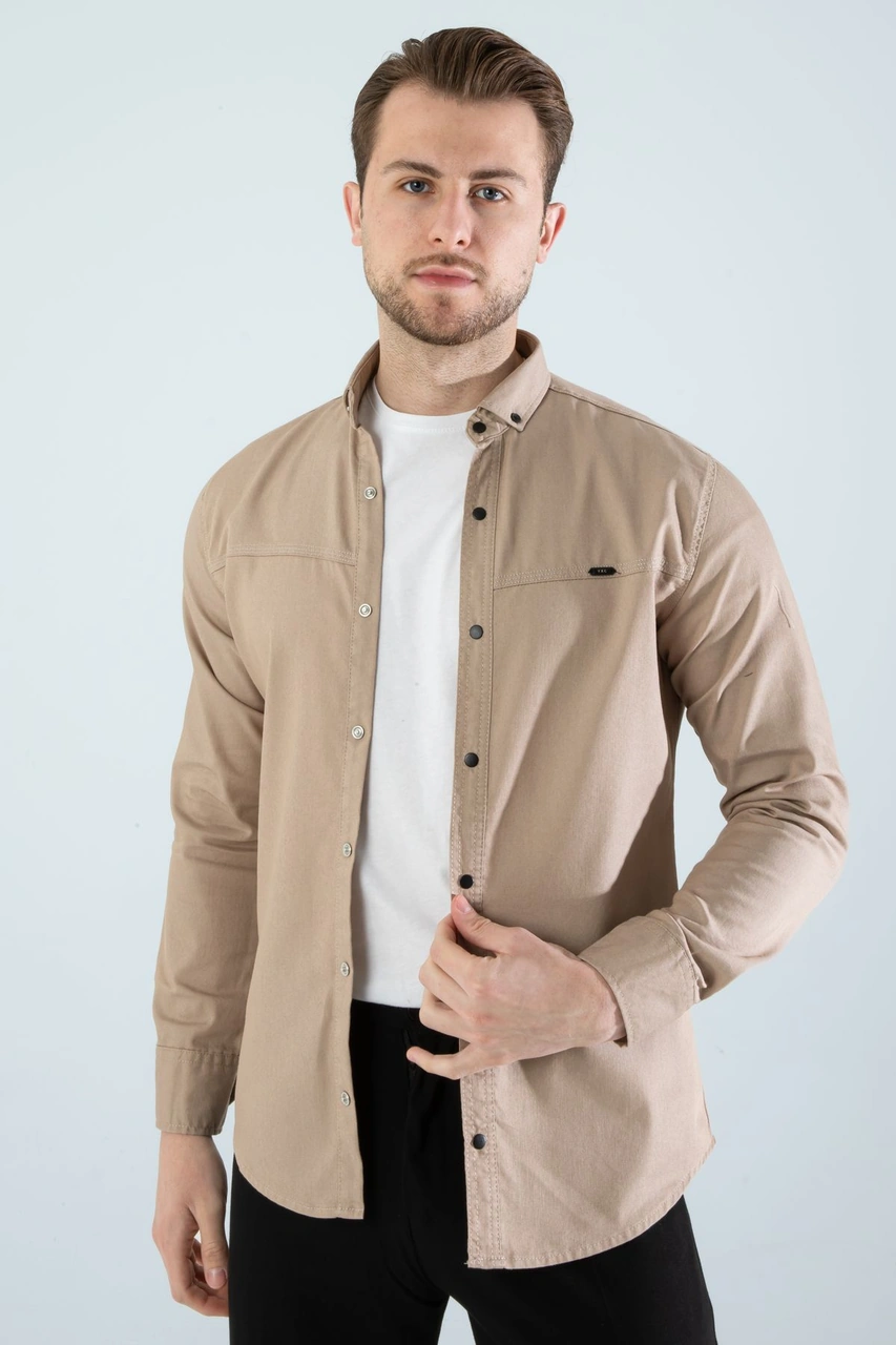 Slim Fit Erkek Cepsiz Kot Gömlek Bej