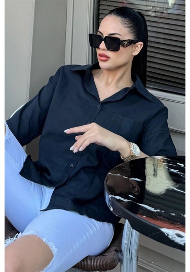 Kadın Siyah Truvakar Kol, Oval Kesim, Terletmez, Flamlı Keten Salaş Gömlek Siyah