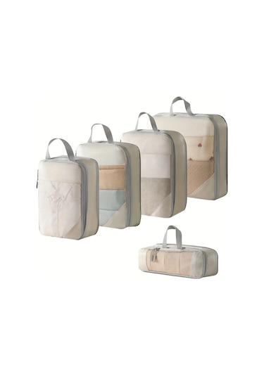 Fochsia 5 Parça Seyahat Sıkıştırma Saklama Torbası Bej Renkli Dayanıklı Valiz Düzenleyici Seti Koyu Gri