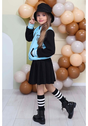 Riccotarz Kız Çocuk Düğme Detaylı Pamuklu Mavi Kolej Ceket Kadife Etekli Takım Mavi