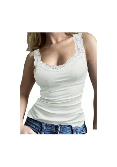 Modaserdem Kadın Askılı Yuvarlak Yaka Dantel Detay Kaşkorse Bluz Beyaz