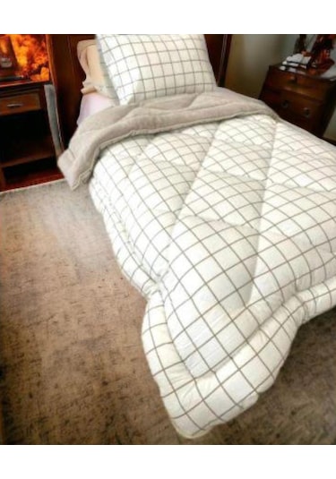 Tek Kişilik Lüx Çift Taraflı Pufidik Desenli Wellsoft Yorgan 155x215 + 1 Adet Yastık Kılıfı Açık Bej