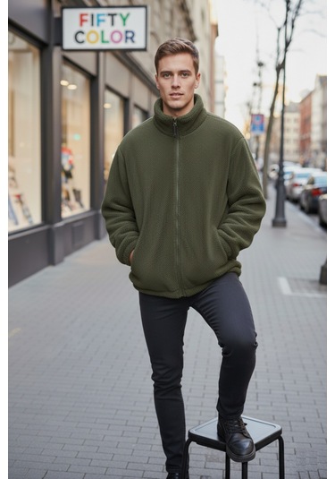 Haki Premium Kalite Dik Yaka, Fermuarlı, Polarlı, Peluş Ceket Haki